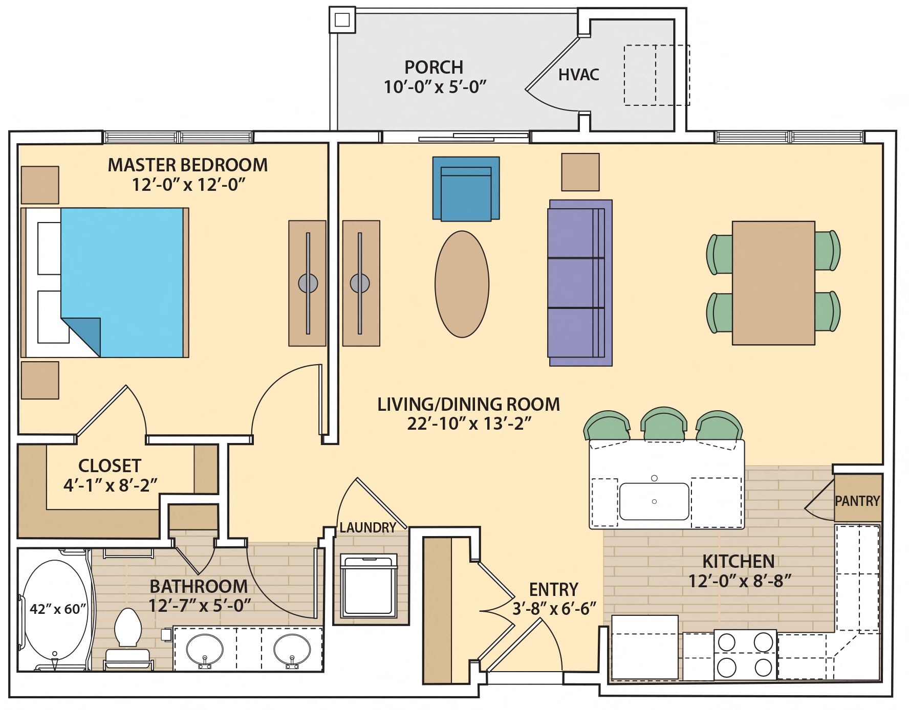 Floor plan for 1 bed, 1 bath, 888 sqft